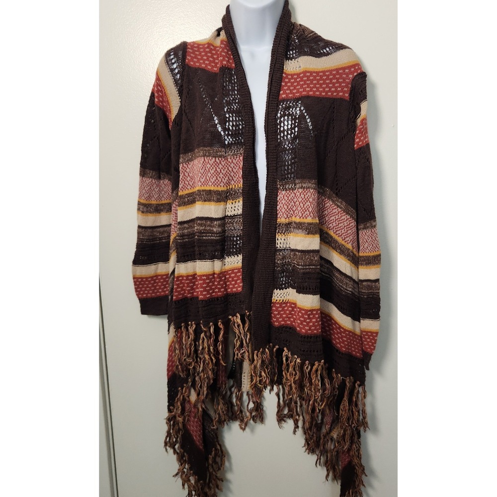 Maurices Women's Open Knit Cardigan Small Fringe Stripe Brown Cream Boho Hippie